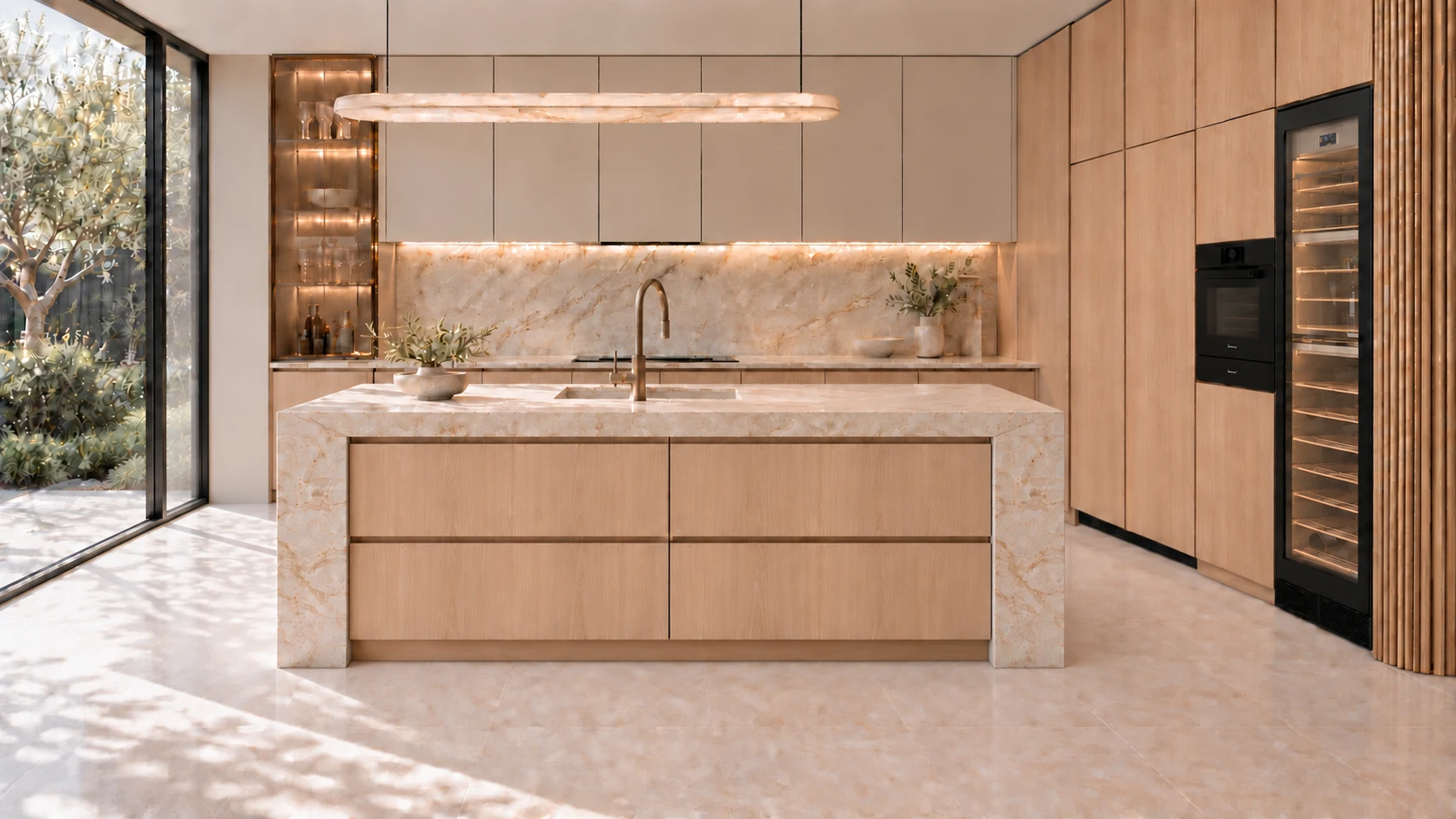 Natural oak kitchen with a pale stone island